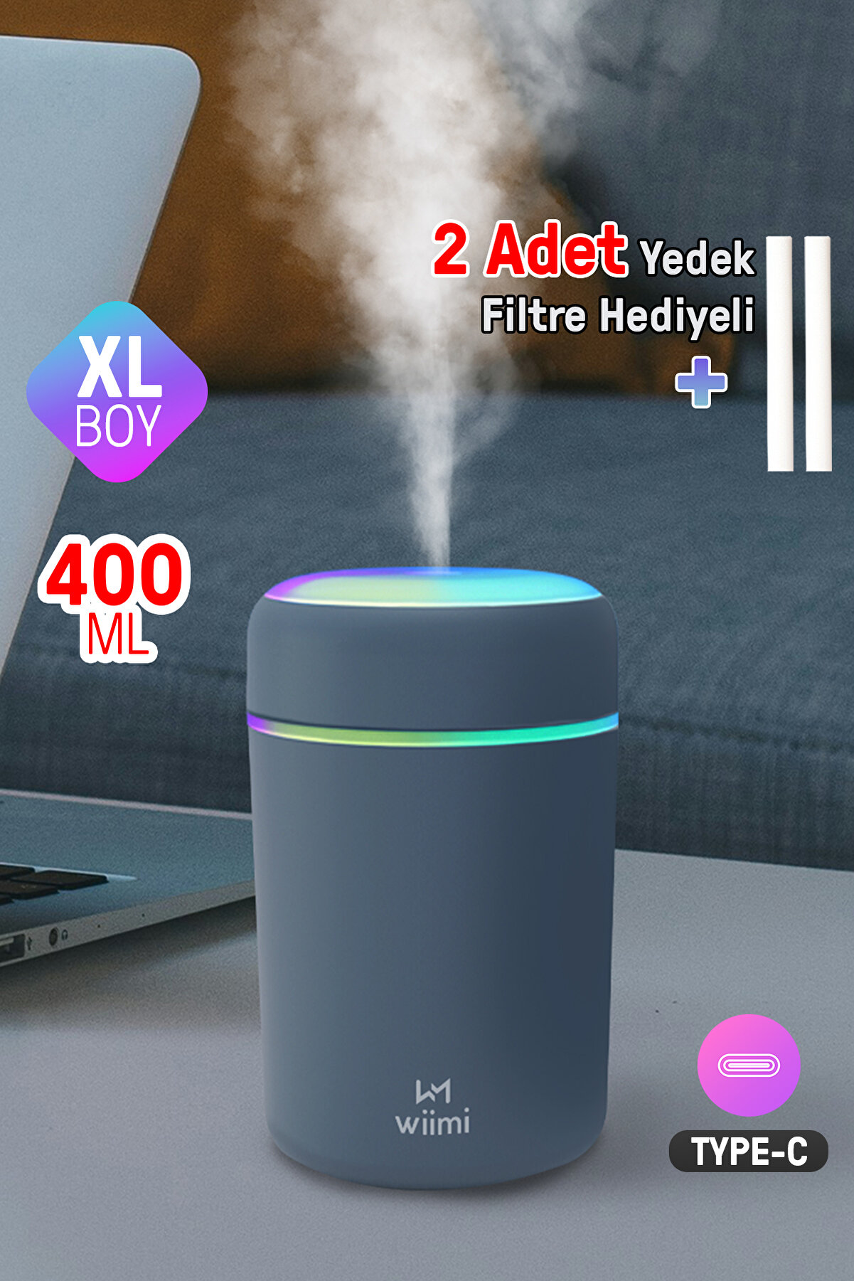 Wiimi 400 ml Ultrasonik Hava Nemlendirici ve Aroma Difüzörü - H2O Gri