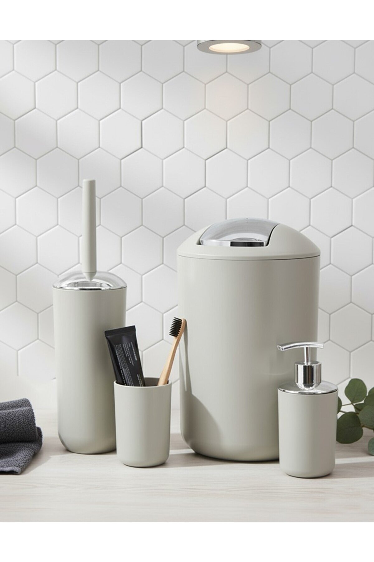 Saban 4'lü Bej Banyo Aksesuar Seti - Brazil Model - Çöp Kovası Seti