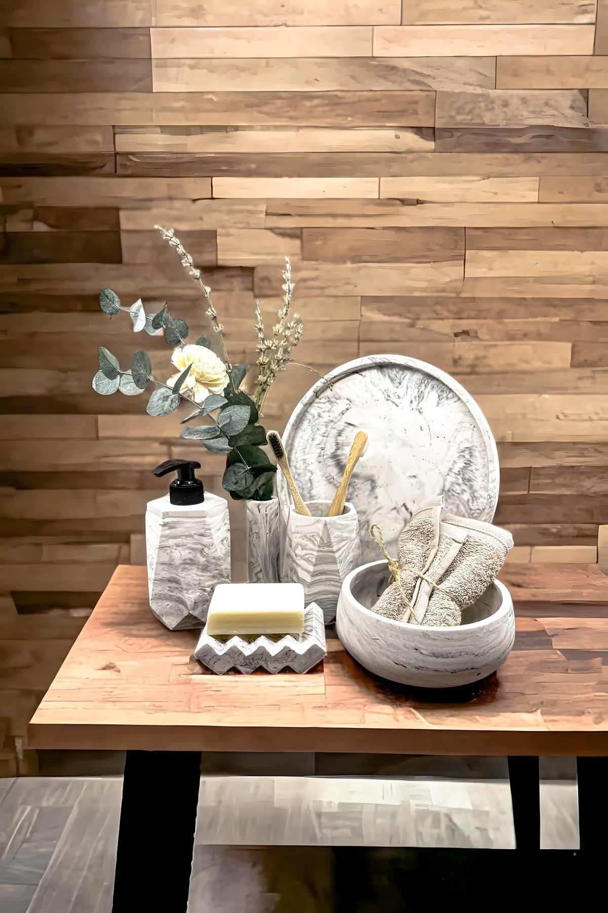 betonmall 6 Parça Mermer Desenli Beton Banyo Aksesuar Seti