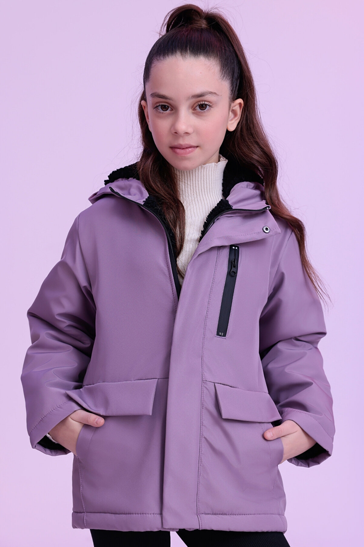 Gizrain Kız Çocuk Lila İçi Kürklü Kışlık Mont Parka - Su ve Rüzgar Geçirmez