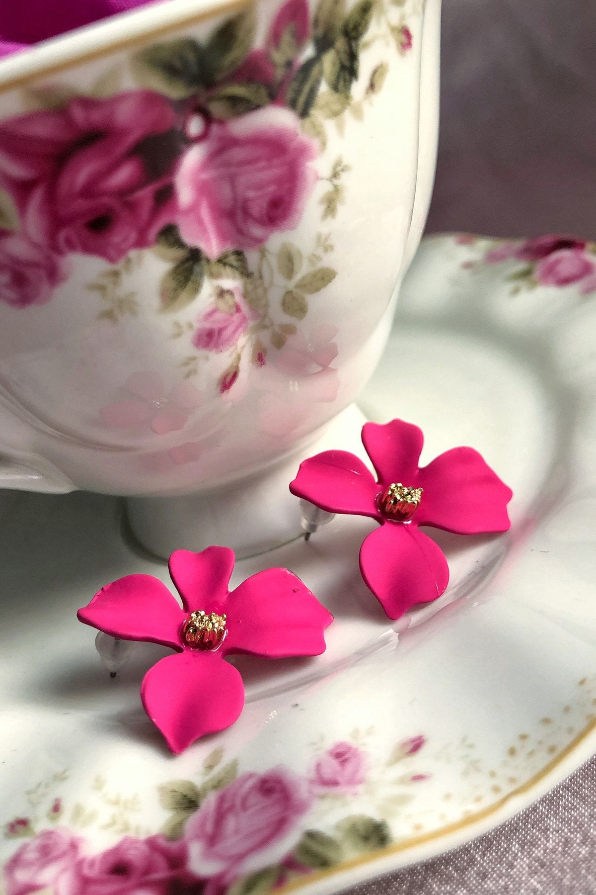 SeiCei Jewellery Özel Tasarım Fuşya Mat Çiçek Küpe