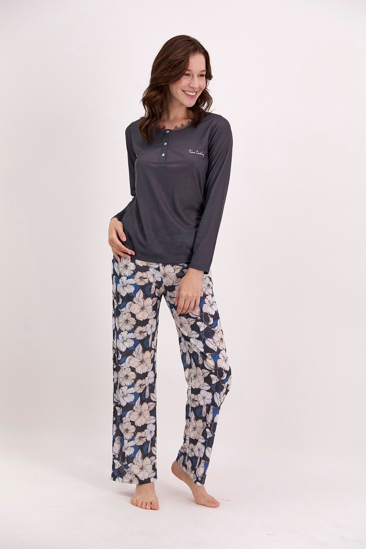 Pierre Cardin Kadın Uzun Kol Dantel Detaylı Çiçekli Pijama Takımı (battal Beden Vardır)