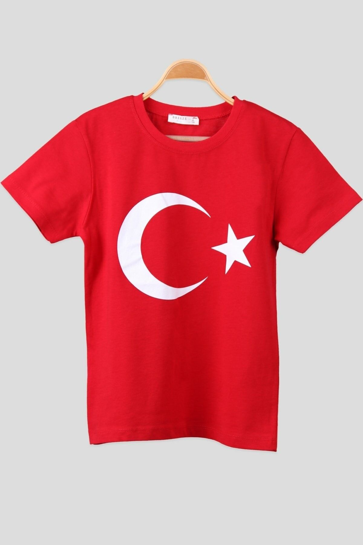 Genel Markalar Ay Yıldız Bayrak Baskılı Yuvarlak Yaka Penye Kadın Kırmızı T-shirt