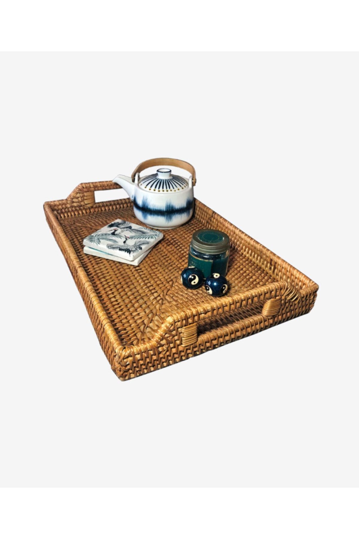 did homeware Ladon Large Boy Dikdörtgen Rattan Kulplu Hasır Tepsi