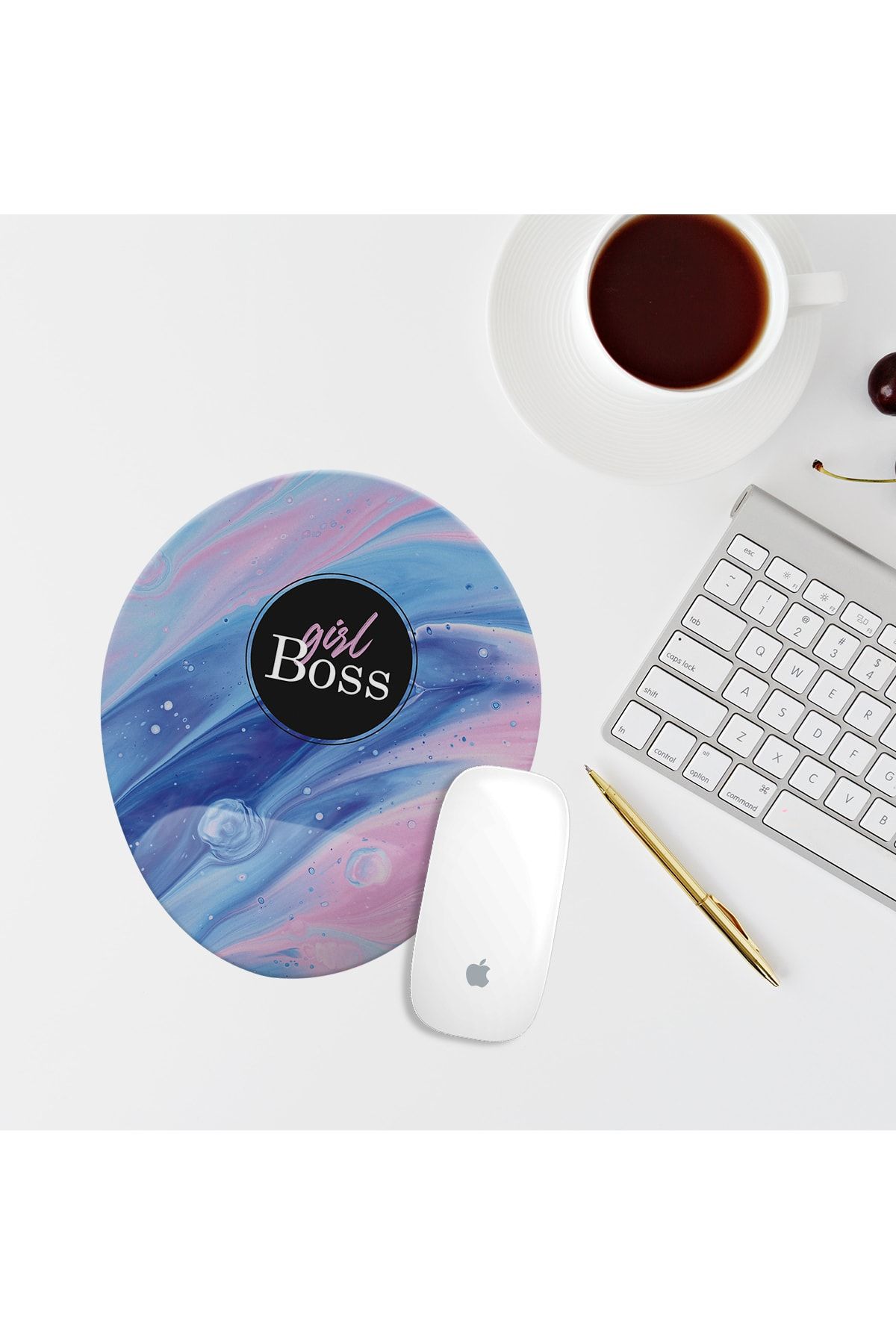 Özer Store Pembe Mavi Girl Boss Yazılı Bilek Destekli Oval Mouse Pad