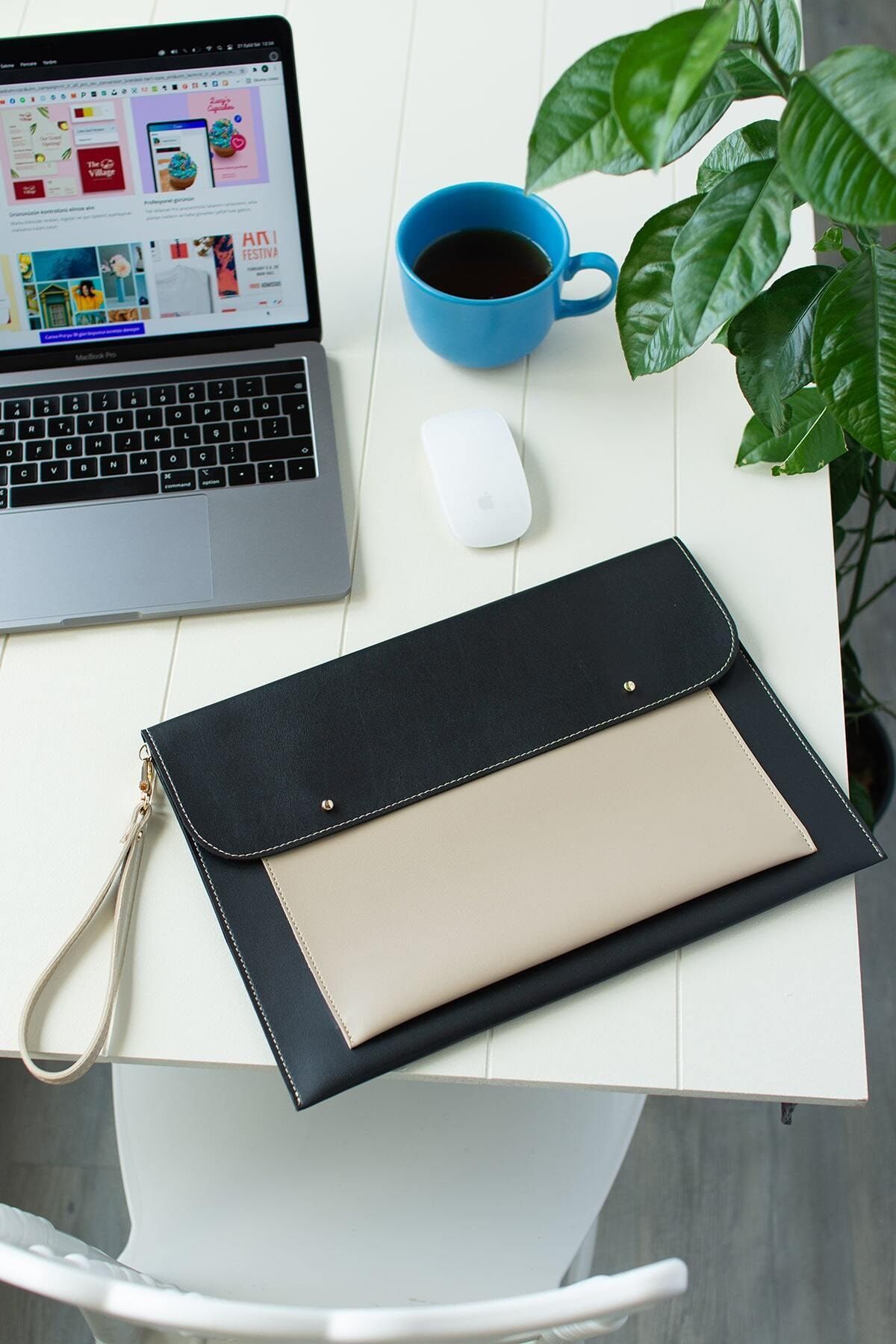 dk leather Kadın Siyah Macbook Air Pro M1/ M2 13 13.3-13.6 14 Inç Notebook Laptop Kılıfı Evrak Çantası Portföy