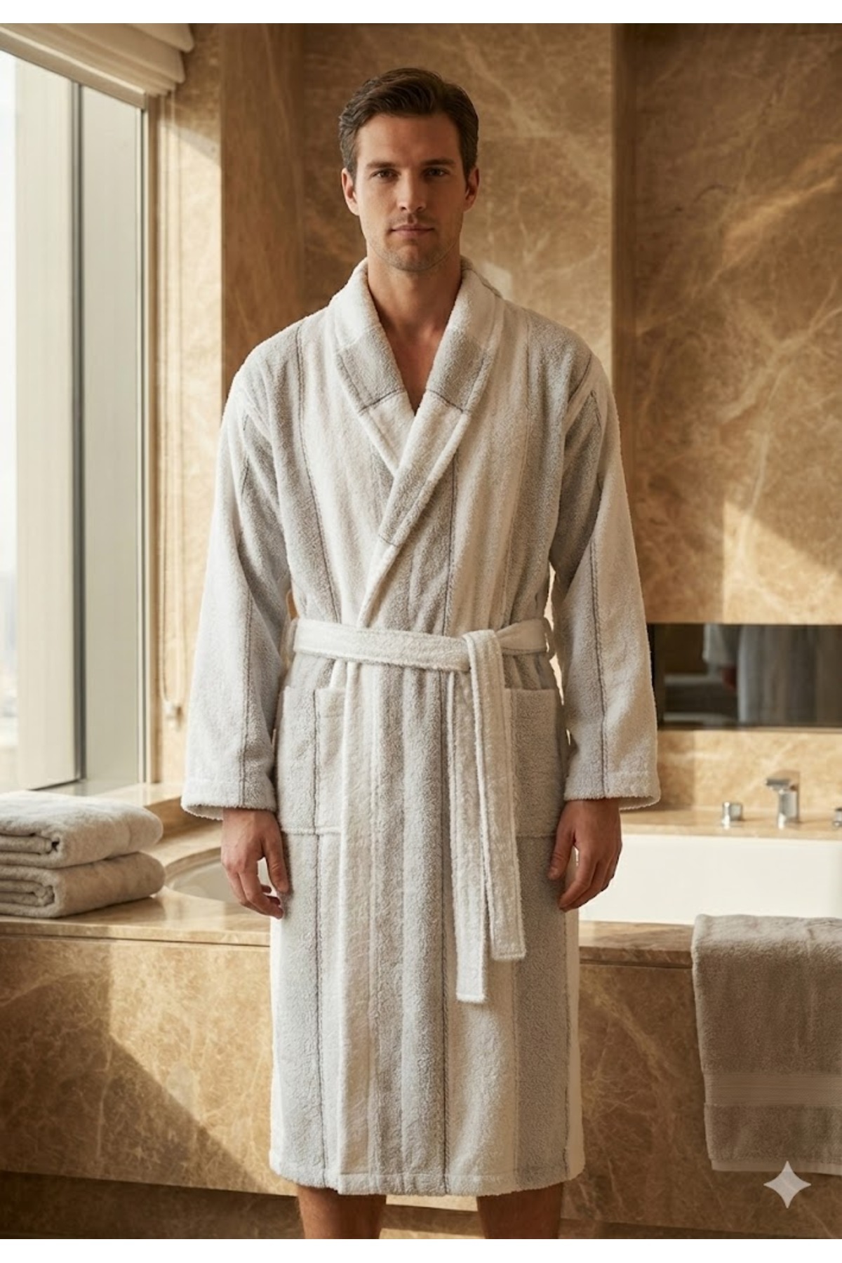 Coton Delux %100 Pamuklu Çizgili Bornoz | Yumuşak Dokulu, Su Emici, Unisex Model