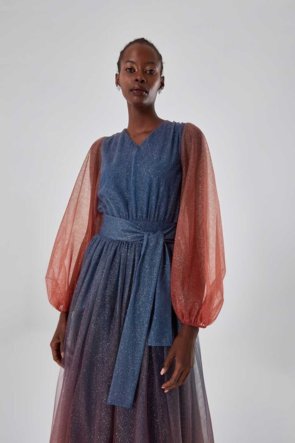 Mizalle Batik Simli Indigo Tül Elbise - Doğal ve Stilin Adresi