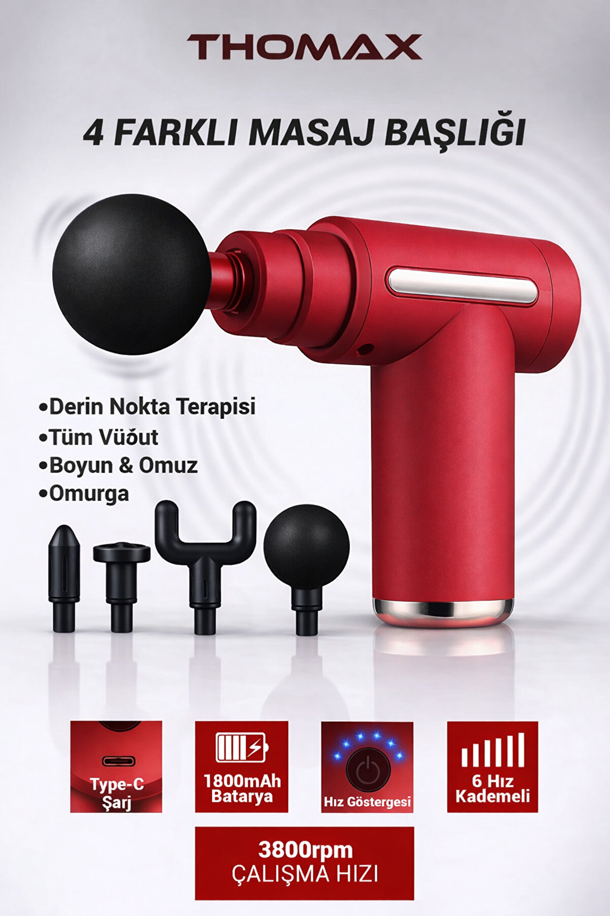 THOMAX Profesyonel Şarjlı Darbeli Masaj Tabancası - 4 Başlıklı 6 Kademe Tüm Vücut