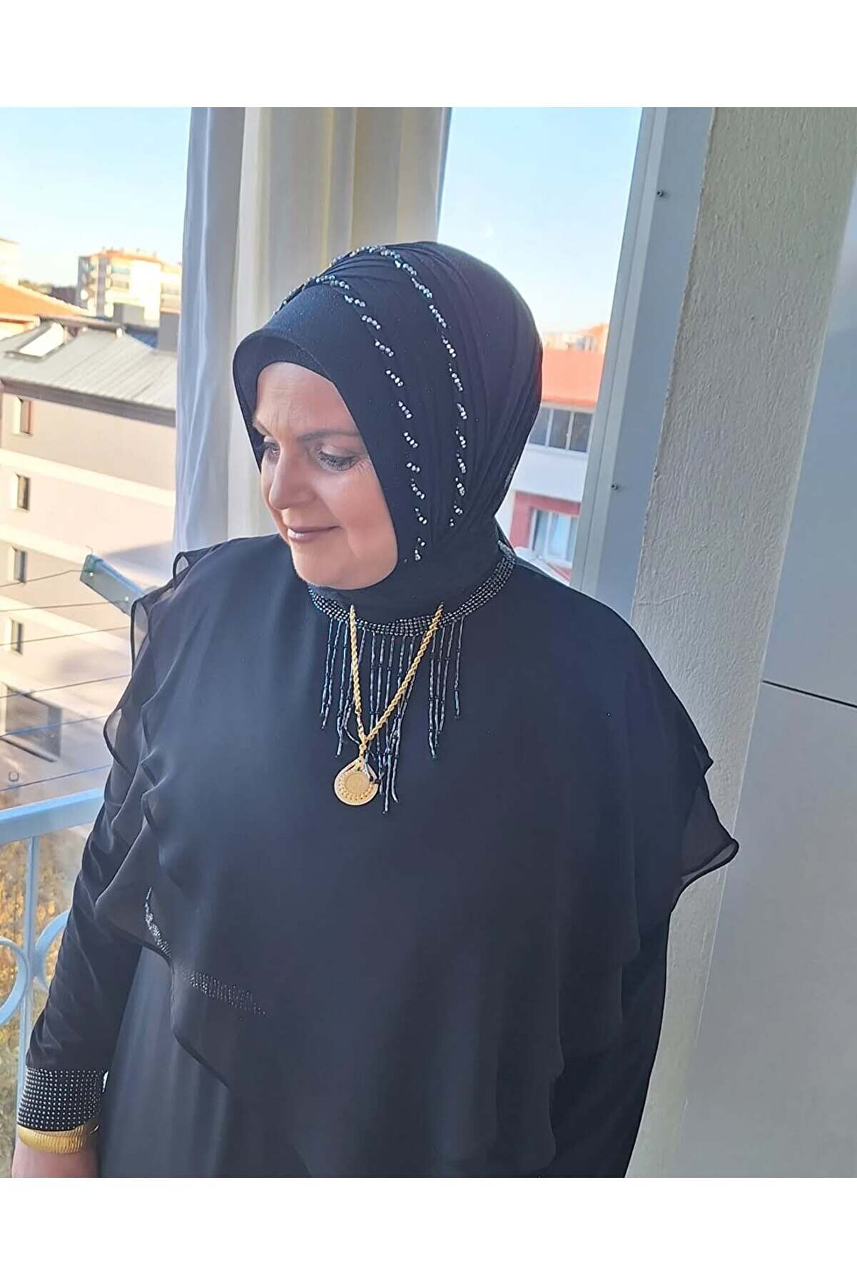 Siyah Simli Gri Taş Detaylı semahazırduvak Şal Abiye Şal Duvak