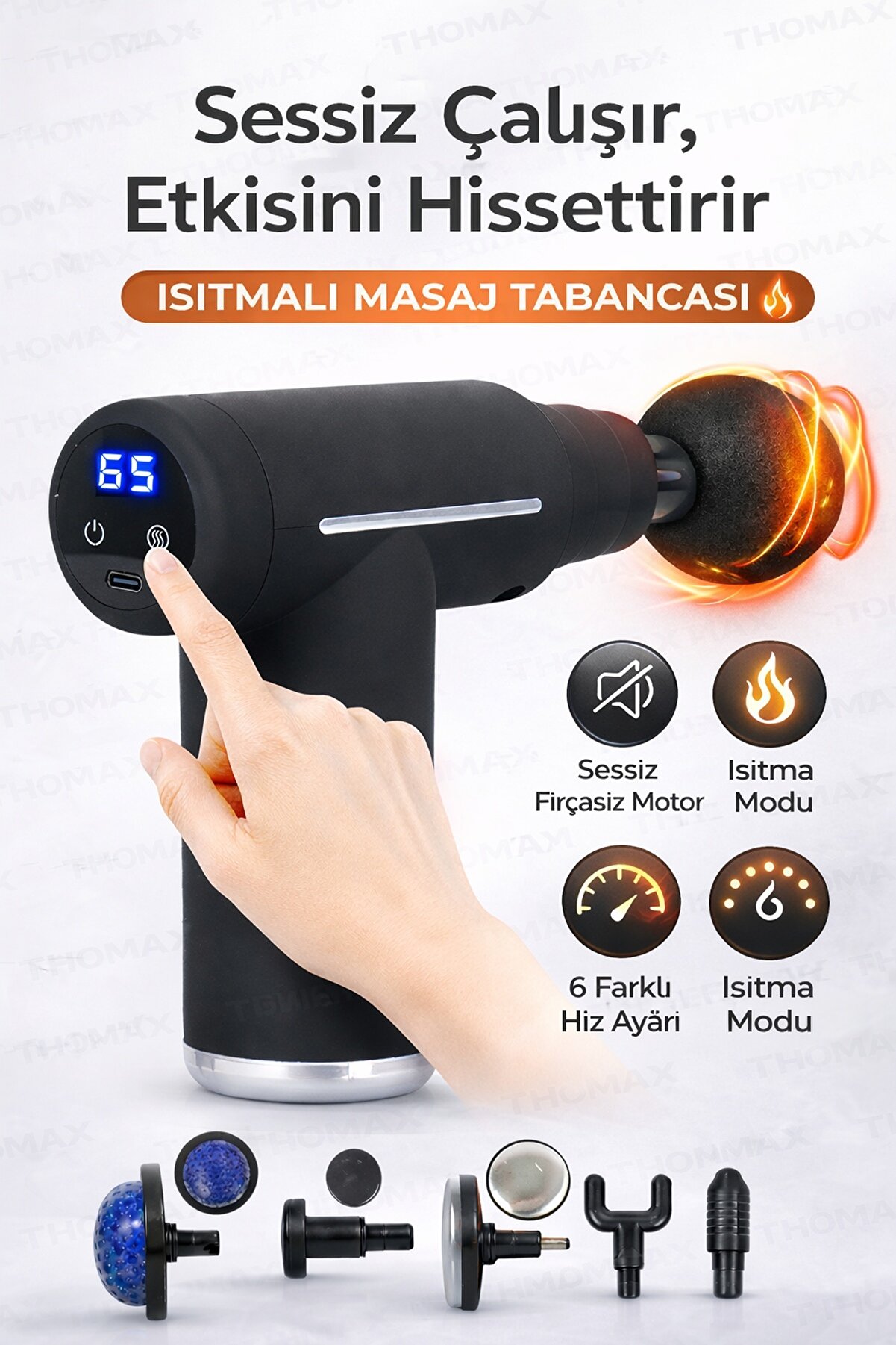 THOMAX 6 Başlıklı Profesyonel Darbeli Masaj Tabancası & Titreşimli Masaj Aleti