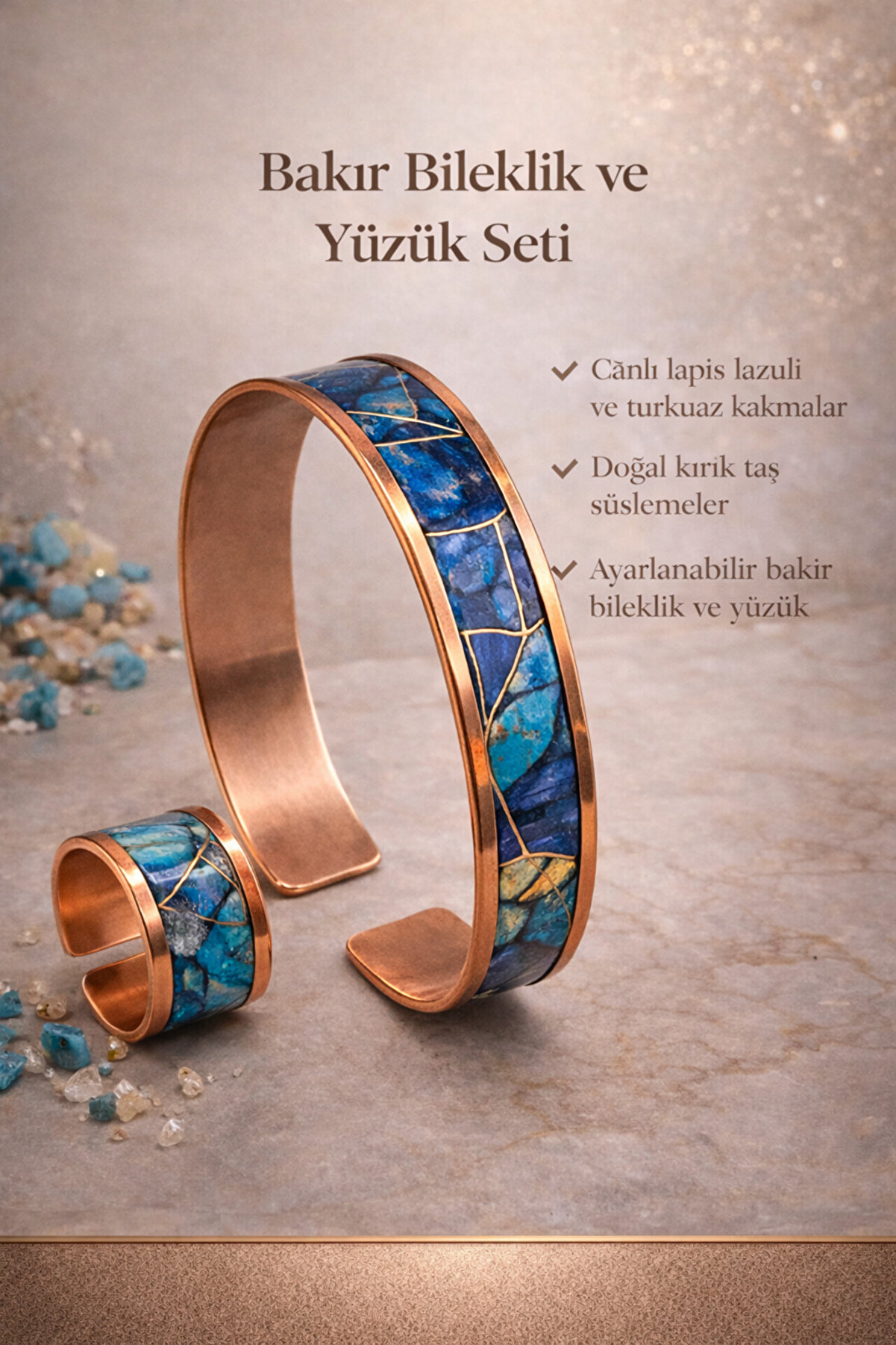İyyaKee Adjustable Copper Bangle Ring Set - Deniz Incisi Model
