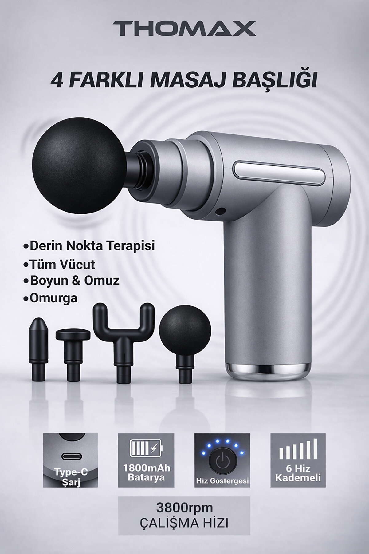 THOMAX Profesyonel Şarjlı Darbeli Masaj Tabancası 4 Başlıklı 6 Kademe Tüm Vücut