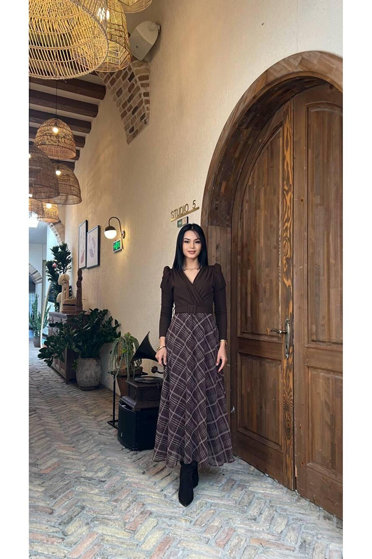 Moda Palmiss Kadın Acı Kahve Ekose Desenli Uzun Elbise - Ekolojik Çiftçi