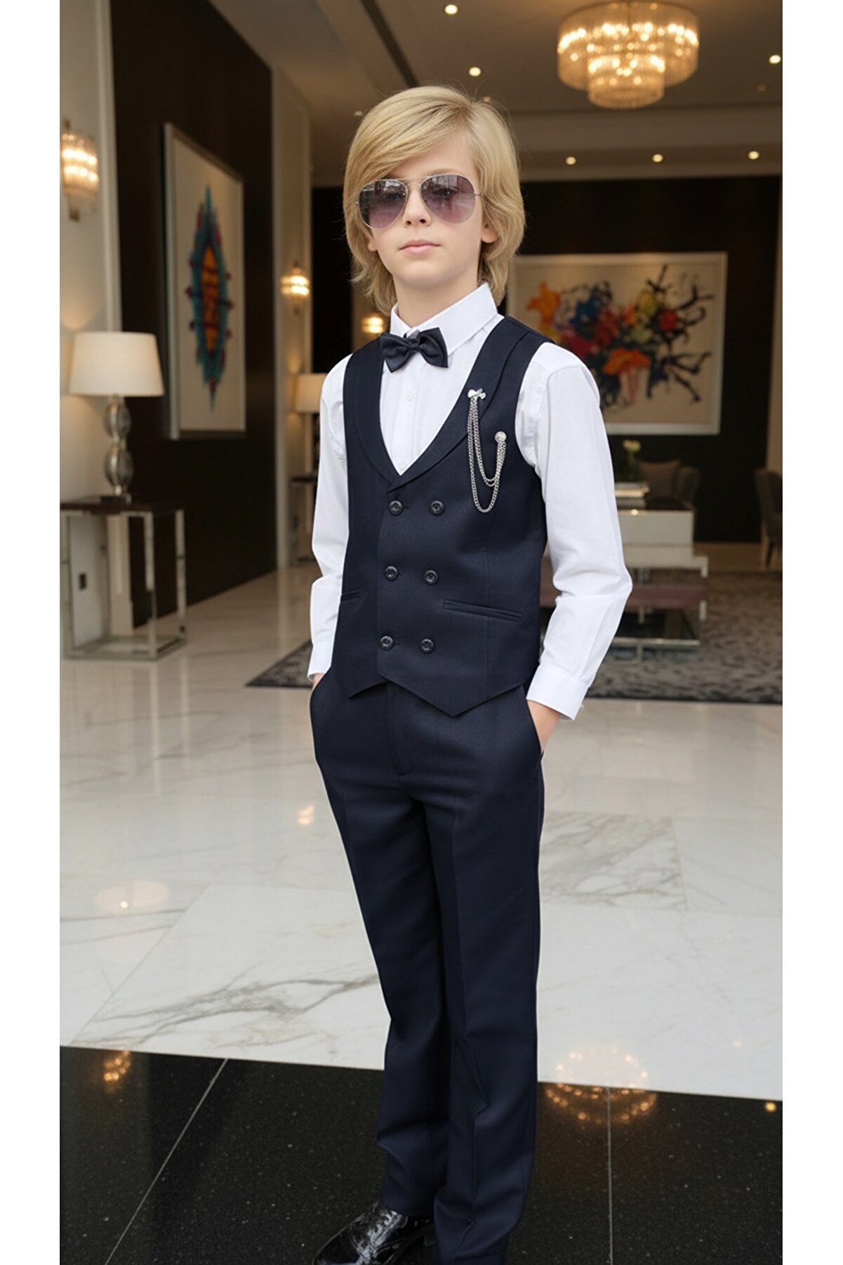 WENA KİDS Erkek Çocuk Smokin Yelekli Takım Elbise Gömlekli Papyonlu Set Lacivert