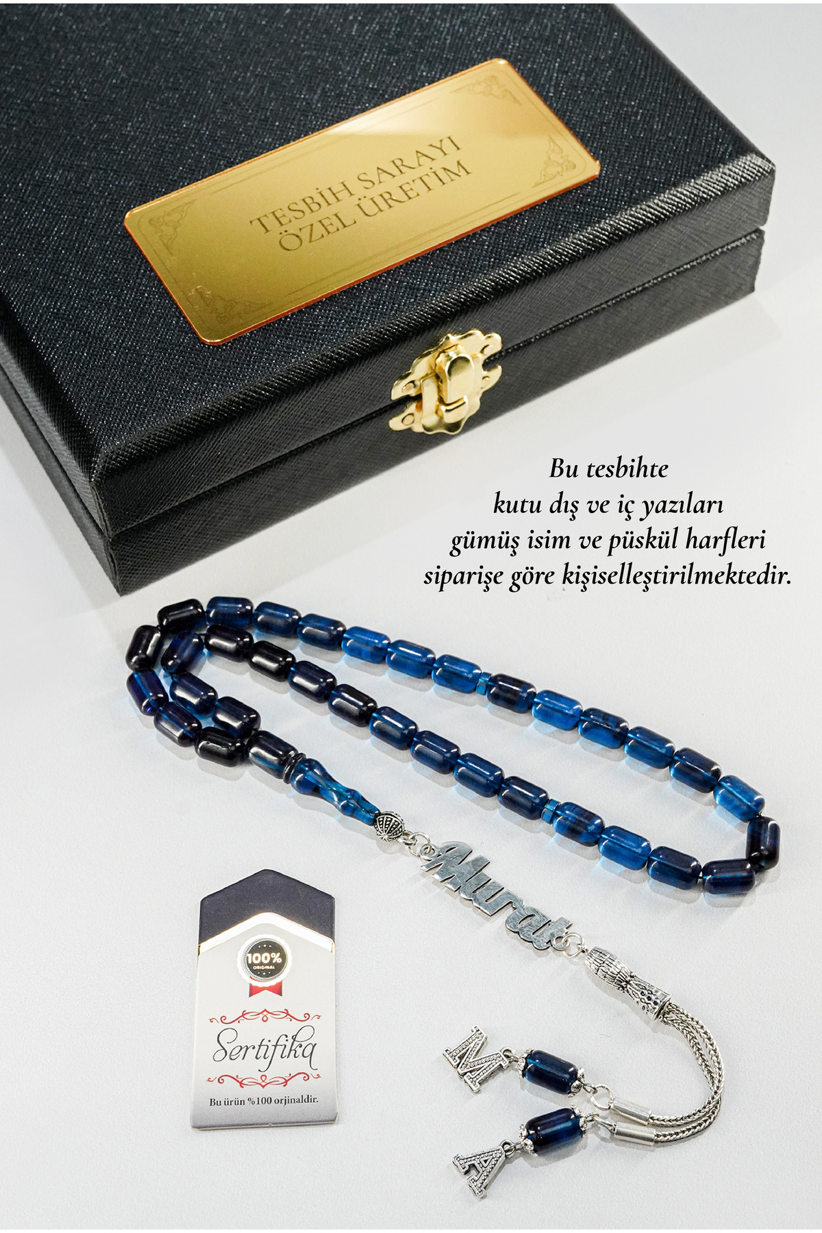 TESBİHSARAYI Kehribar Tesbih - DERİ KUTULU GÜMÜŞ İSİMLİ TESBİH