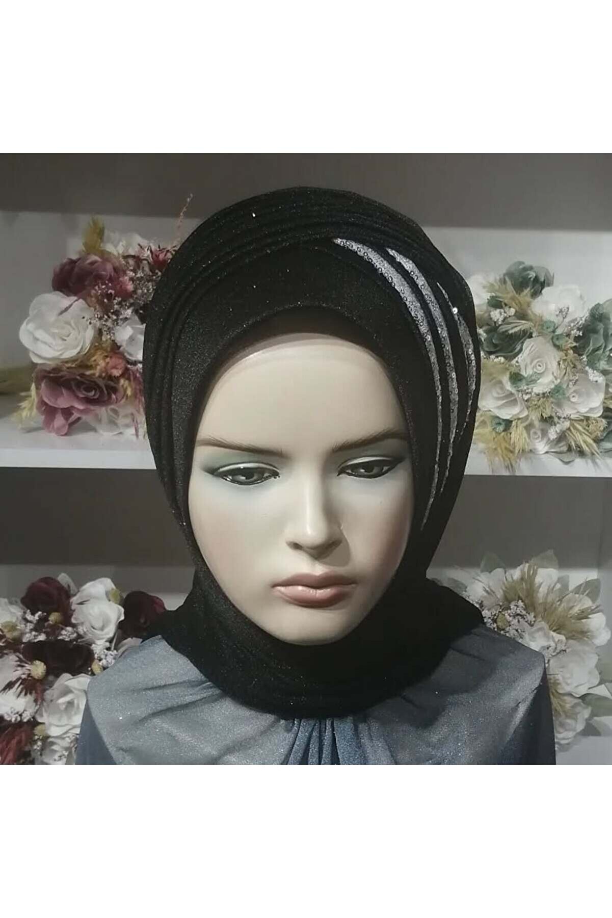 Siyah Simli Gri Payet Detaylı Abiye Şalı - semahazırduvak