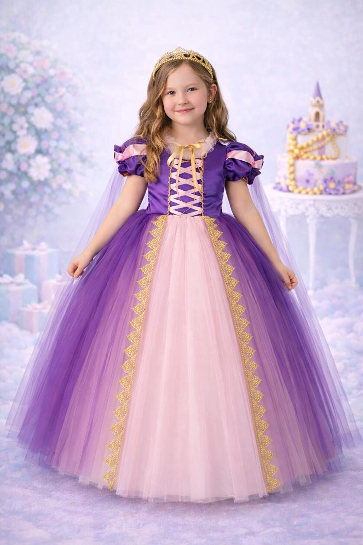 Peonia Kids Rapunzel Prenses Kostümü Kız Çocuk Kostümü Taçlı Pelerinli Tarlatanlı