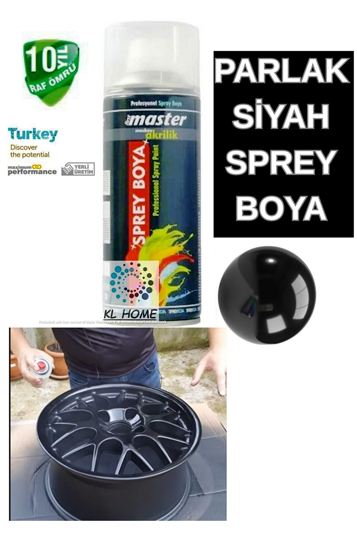 KL HOME PİANO BLACK Profesyonel Seri Büyük Boy Parlak Siyah Akrilik Sprey Jant Boya - 400 ml