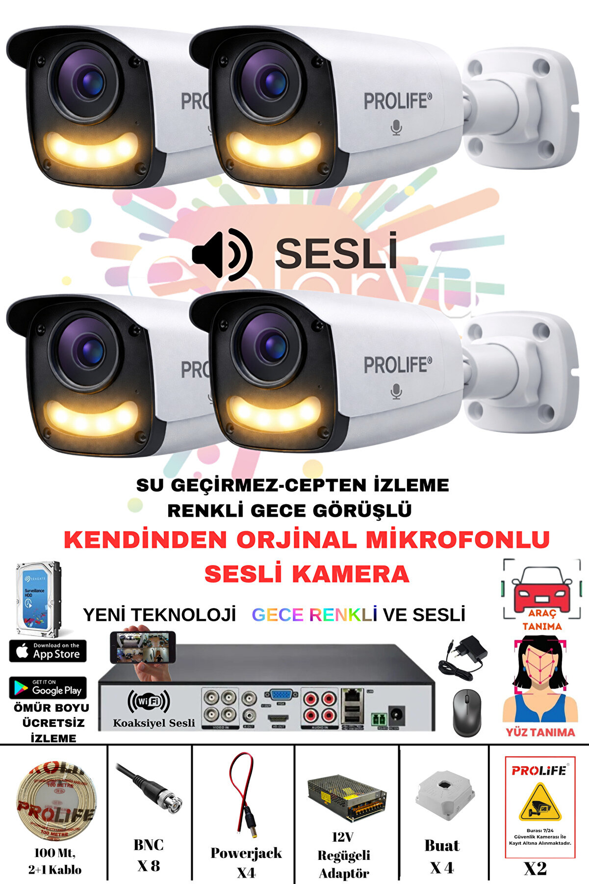 PROLİFE 4 Lü Sesli Güvenlik Kamerası 5MP Full HD - Gece Renkli Yüz ve Araç Tanıma