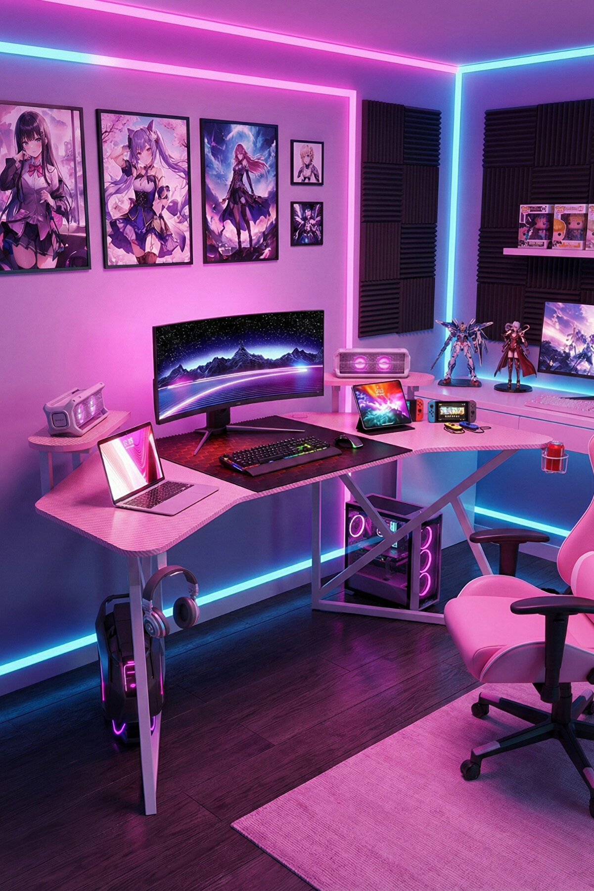 Karr Gaming Vortex 25mm Kanatlı Oyuncu Masası | Pembe Karbon Fiber Kaplama | Raflı Oyuncu Masası