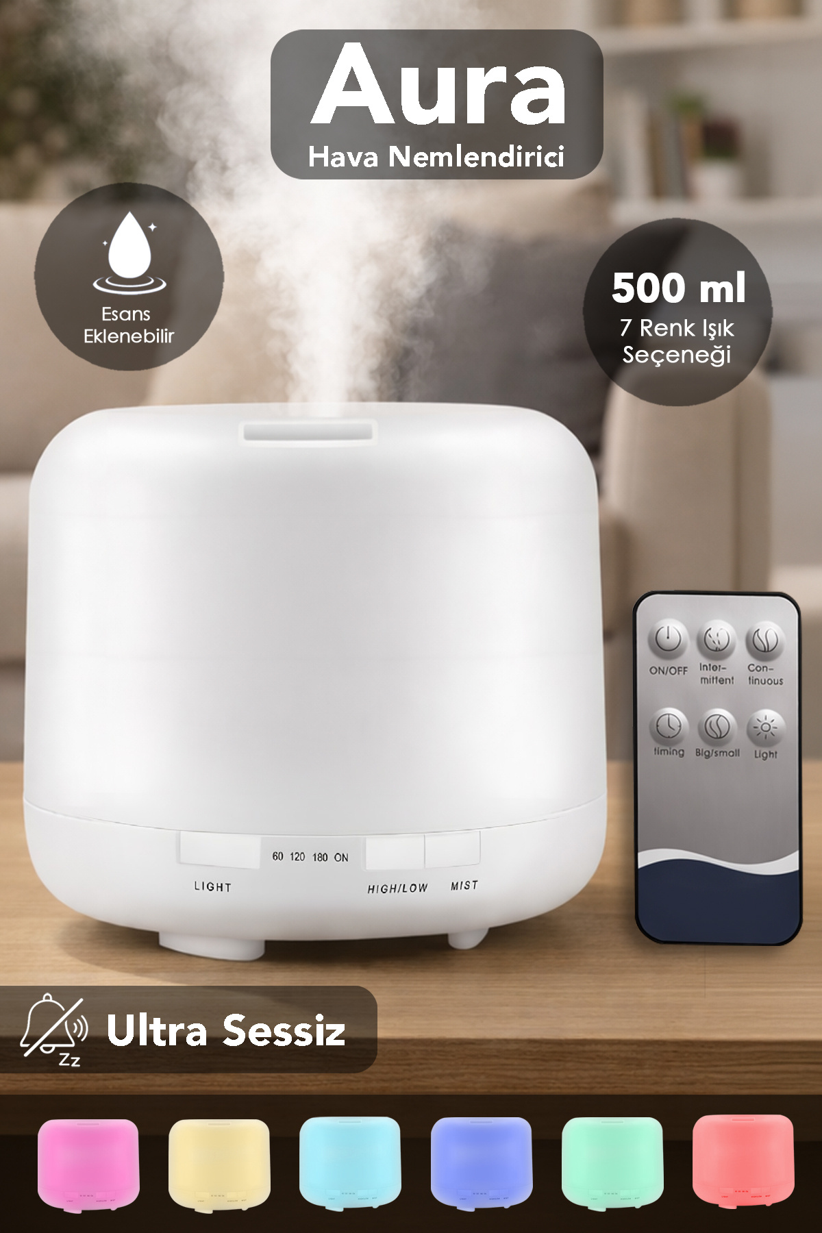 mimtec 500 ml Hava Nemlendirici - 7 Renk LED Işıklı Ultra Sessiz Buhar Makinesi