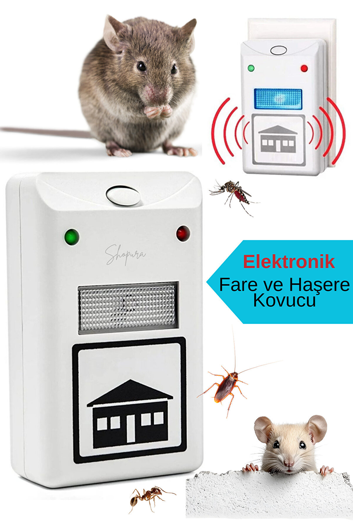 Shopura Ultrasonik Fare Haşere Böcek Kovucu - Elektrikli Sivrisinek Kovucu