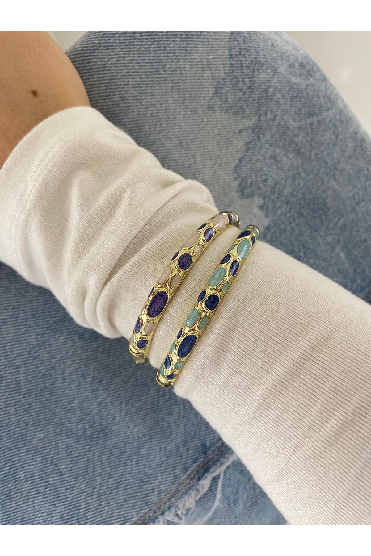 Çelik Mavi/Turkuaz Mineli Kelepçe Kombini Bilezik - ₺649.9