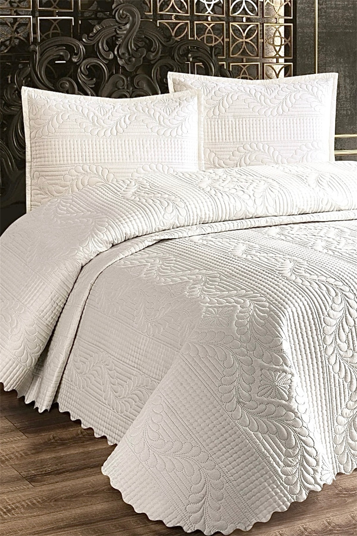 REYS Kapitoneli Çift Kişilik Yatak Örtüsü Takımı 230x250 50x70 2 Adet Yastık Kılıfı Ekru