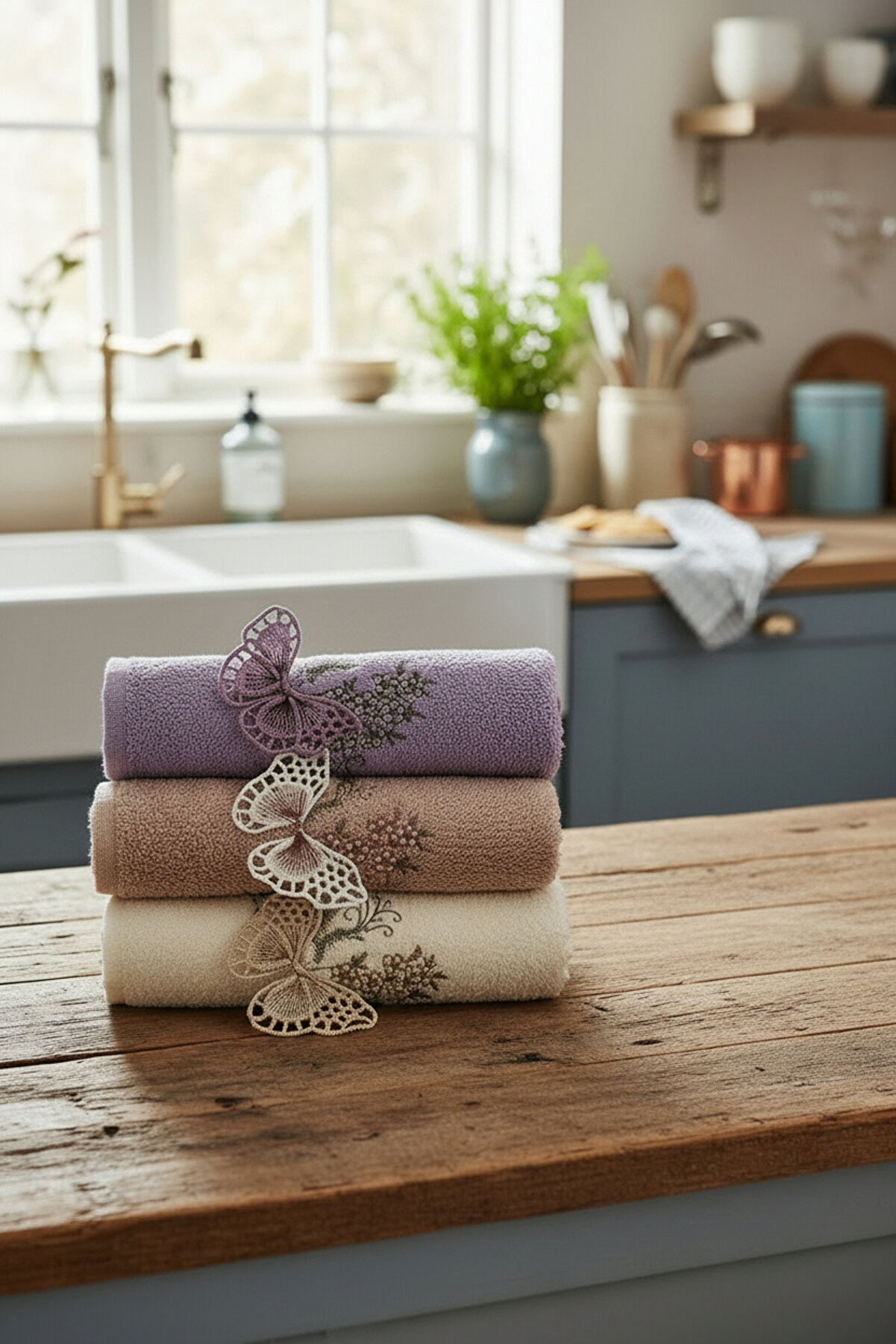 asev tekstil Papillon 3’lü Mutfak Havlusu Seti | Güpür Kelebek İşlemeli | 30x50 Cm