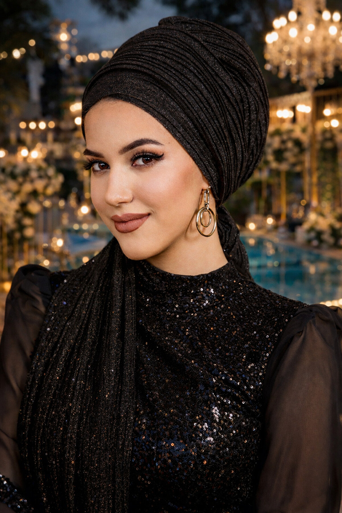 Aişe Tesettür Siyah Simli Piliseli Abiye Atkılı Bone - Elegant Şal ve Eşarp