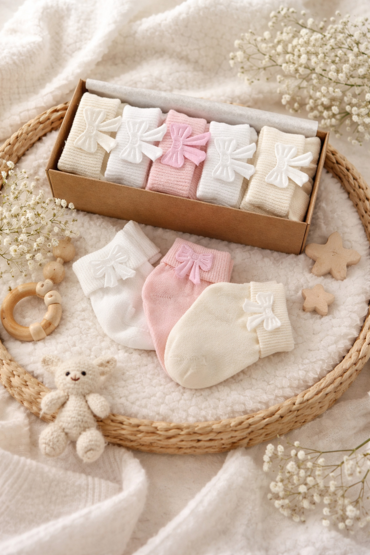 Akface 5 Çift Fiyonklu Pamuklu Kız Bebek Çorabı 0-2 Yaş - Yumuşak ve Konforlu