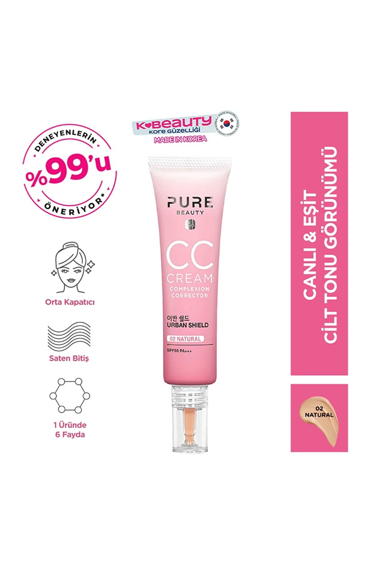 PURE BEAUTY CC Krem SPF50 PA+++ 30 ml Doğal Renk