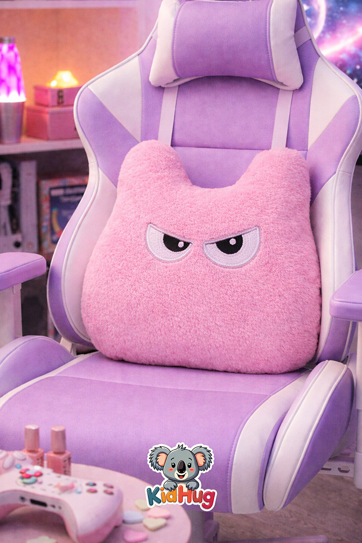 KidHug Nakışlı Göz Tasarımlı Yumuşak Bel Destek Peluş Yatık –Oto, Oyuncu, Ofis ve Ev - Bel Yastığı-