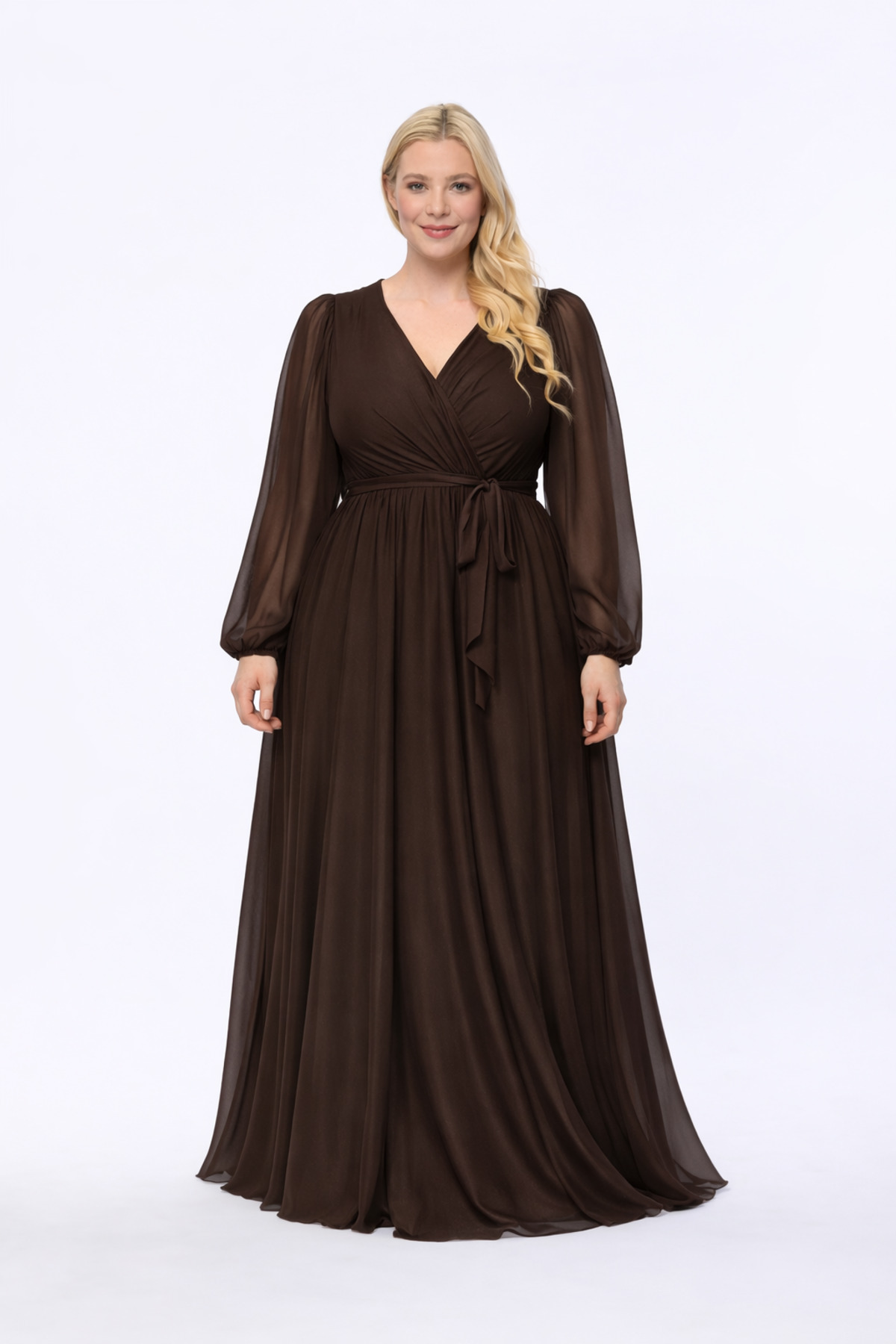 IŞILTI Kadın Şık Kahverengi Şifon Abiye Elbise N3047 - Büyük Beden