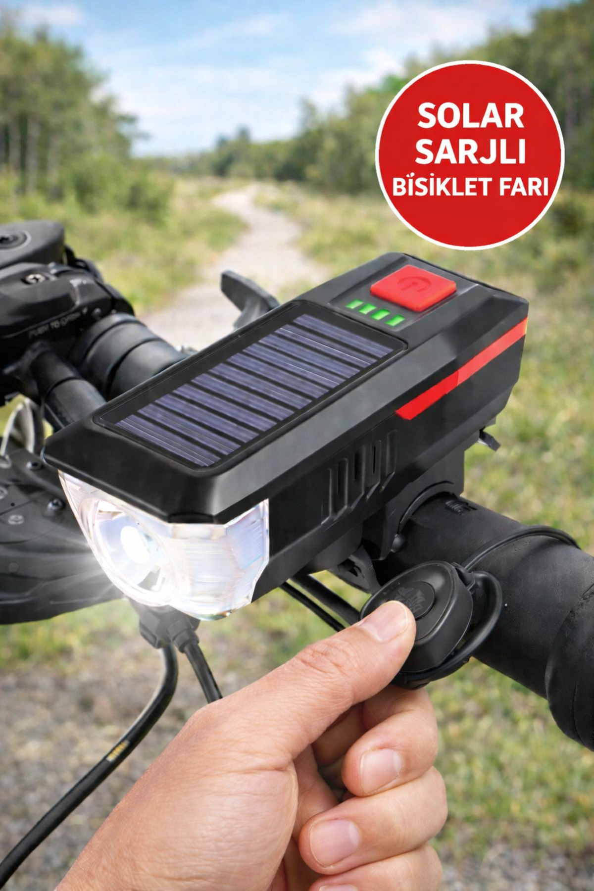 MEDUSHOP Güneş Enerjili Şarjlı Bisiklet Farı Kornalı USB Destekli Güçlü LED Ön Far Seti