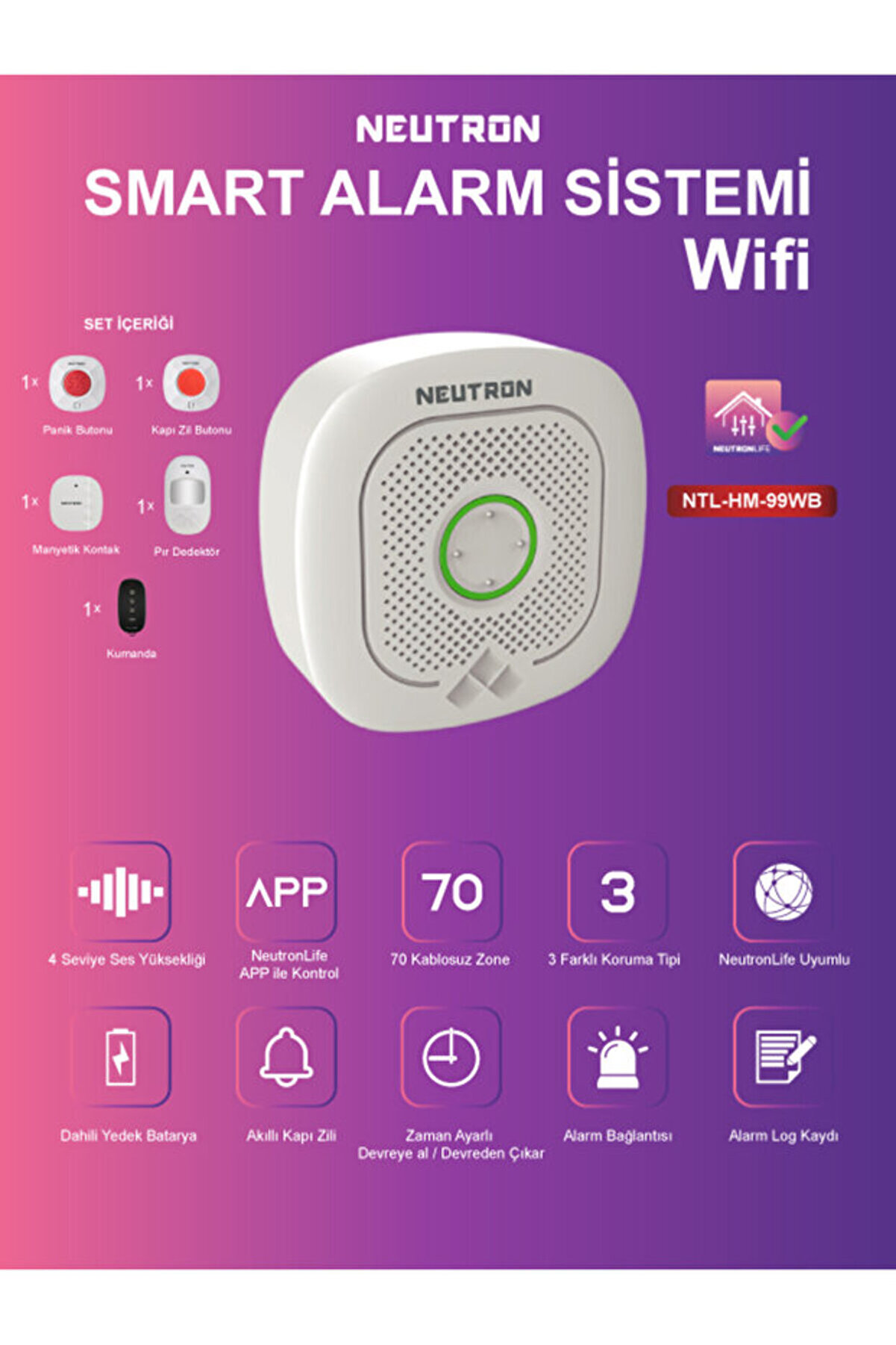 NEUTRON Wi-fi Smart Alarm Ve Güvenlik Sistemi - Kablosuz Alarm Seti - App Ile Kontrol