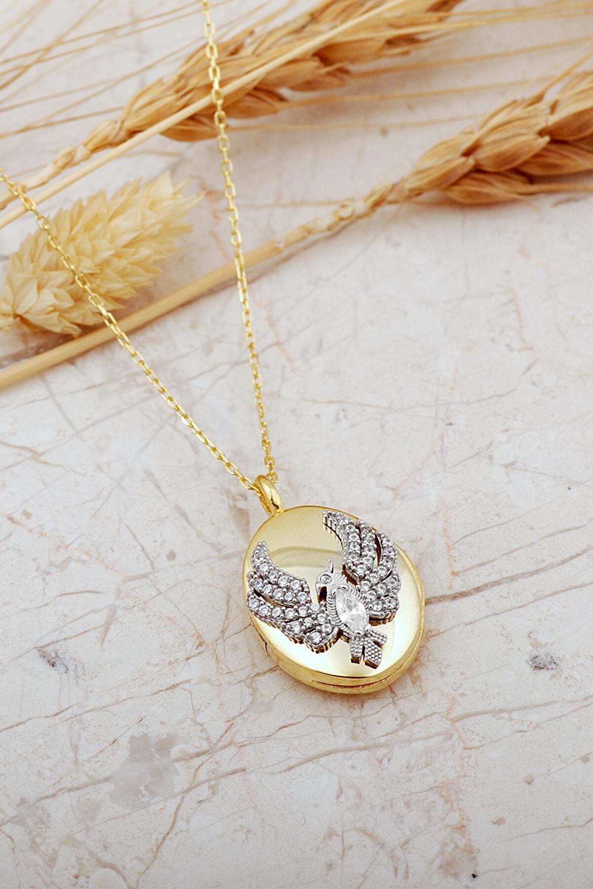 Sümer Telkari 925 Ayar Gümüş Anka Kuşu Kapaklı Fotoğraflık Madalyon Kolye 8086