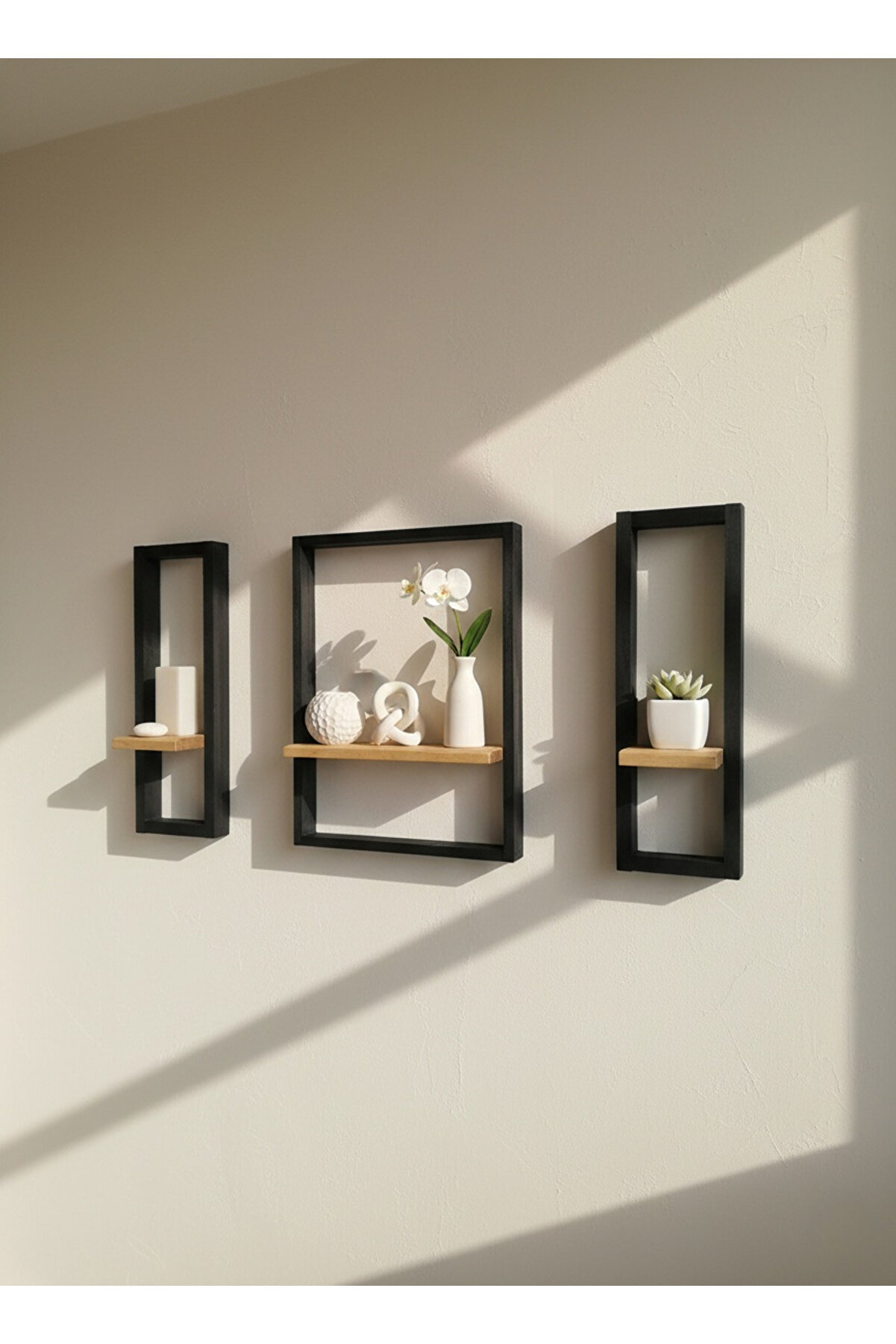 Wooden Factory 3 Parça Dekoratif Ahşap Duvar Rafı Seti - Elegant Ev Dekorasyonu