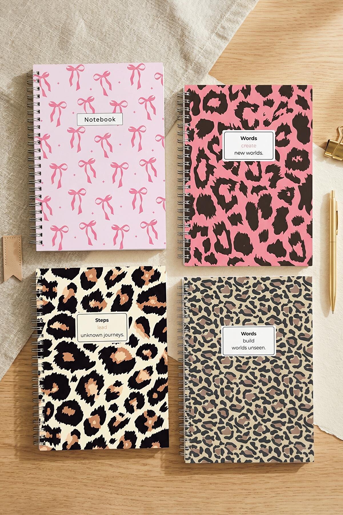 Notisyon A5 Spiralli Not Defteri 4'lü Set – 120 Sayfa, Leopar & Kurdela Temalı