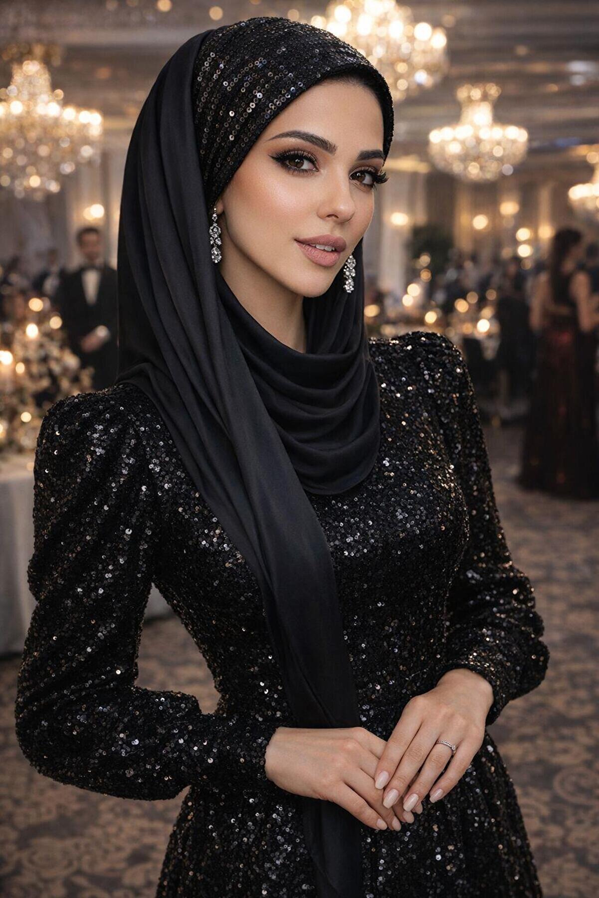Aişe Tesettür Siyah Payetli Bandana Abiye Şal - Elegant ve Şık Tasarım