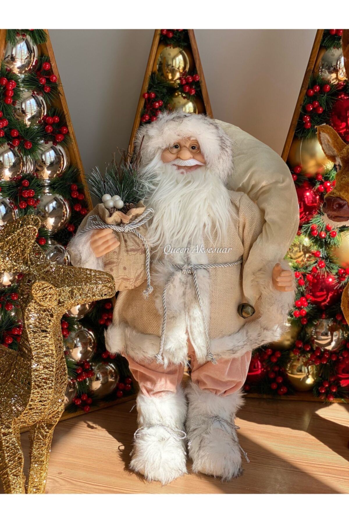 QUEEN AKSESUAR Yılbaşı Özel Yeni Yıl Ithal Dev 60cm Noel Baba Heykel Süs Santa Claus Aziz Nikola No1 Pembe