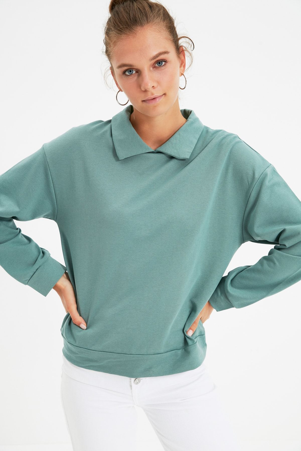 TRENDYOLMİLLA Mint Gömlek Yaka Basic Örme Sweatshirt TWOAW21SW0042