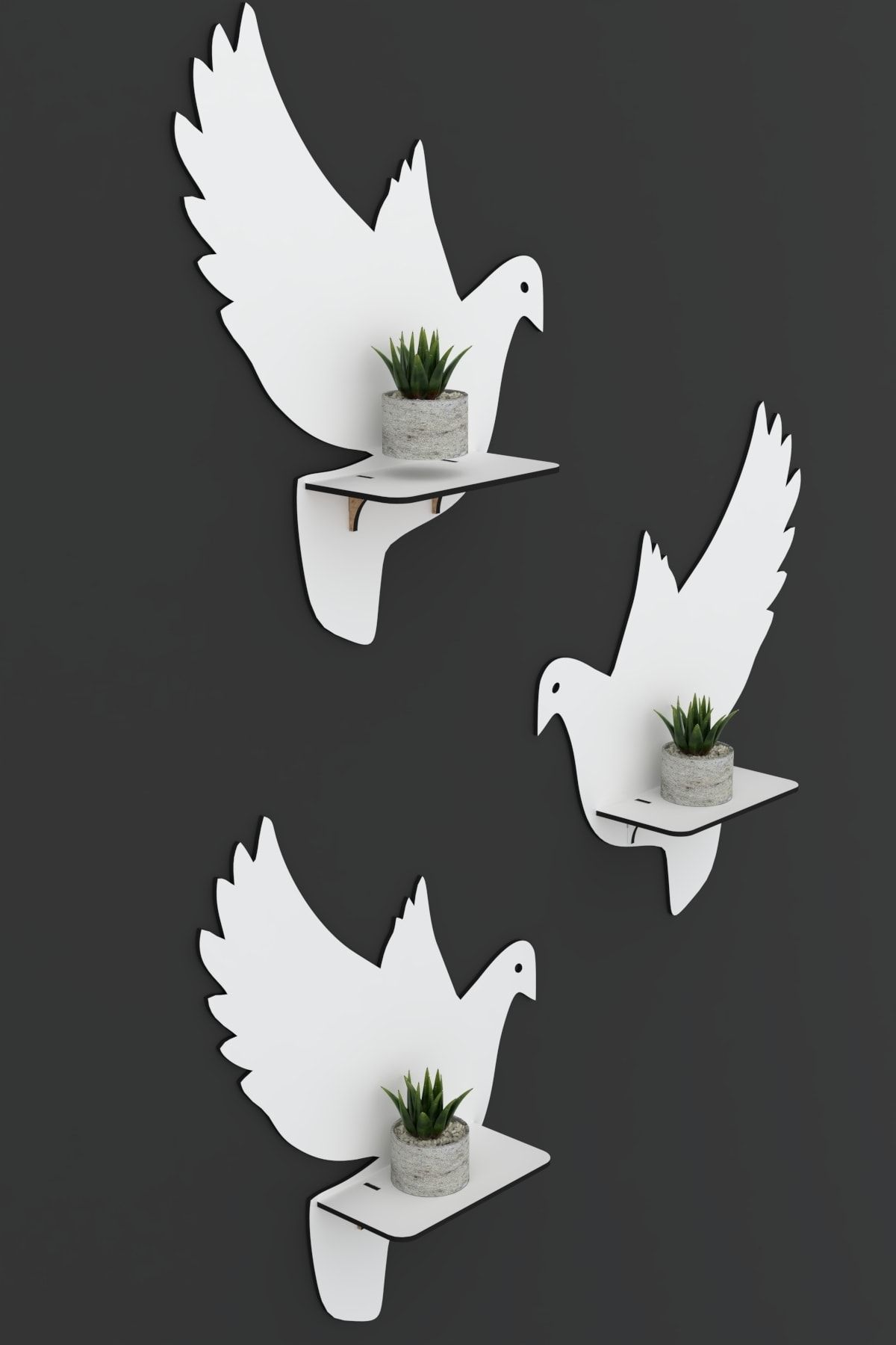 pi10reklam 3'lü Beyaz Güvercin Dekoratif Raf Seti Ahşap