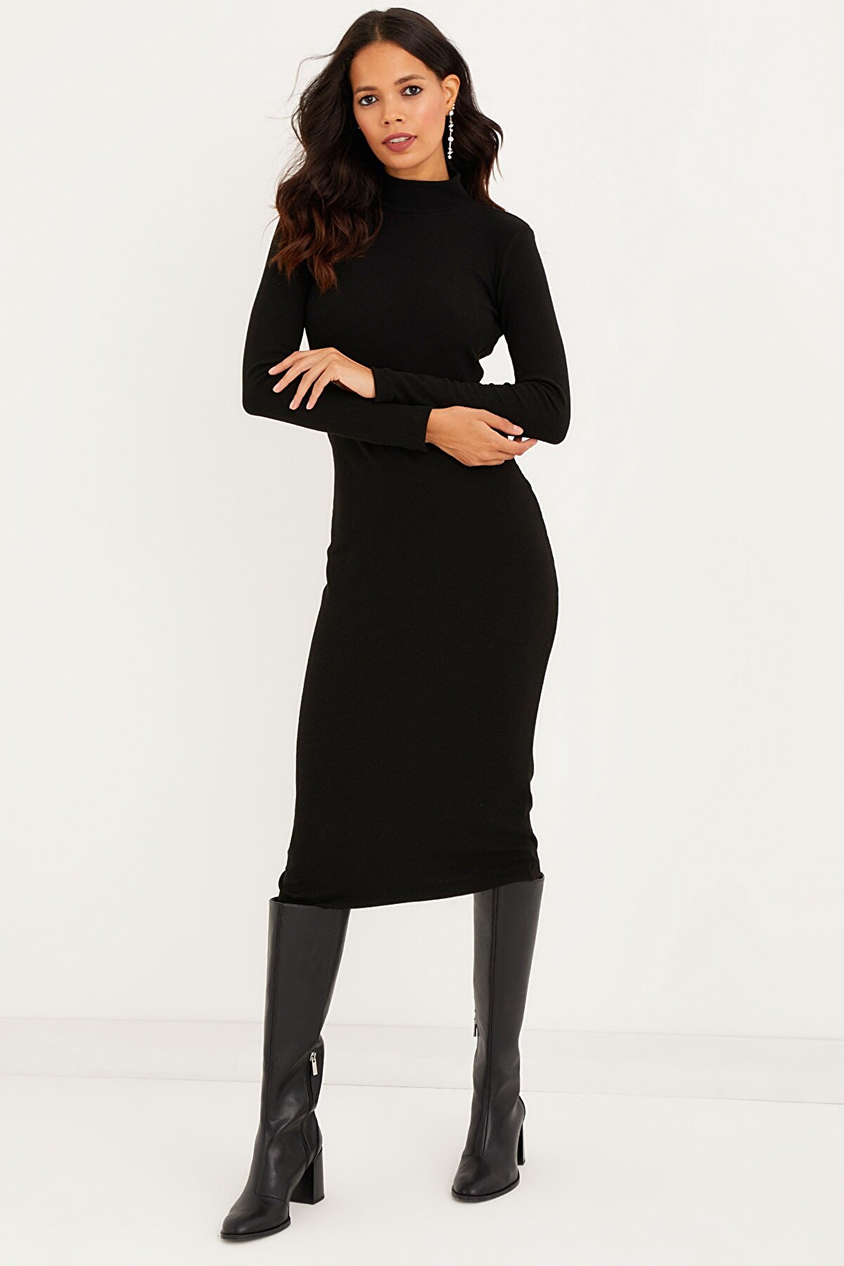 Cool & Sexy Kadın Siyah Sırtı Açık Midi Elbise EY1367