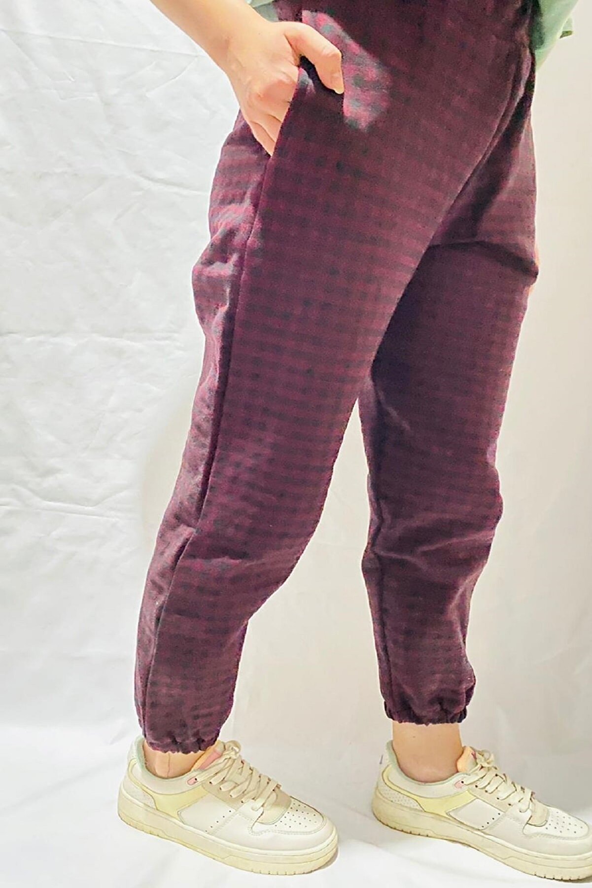 Modoo Tekstil Kadın Ekose Kırmızı Siyah Kareli Jogger Eşofman Altı