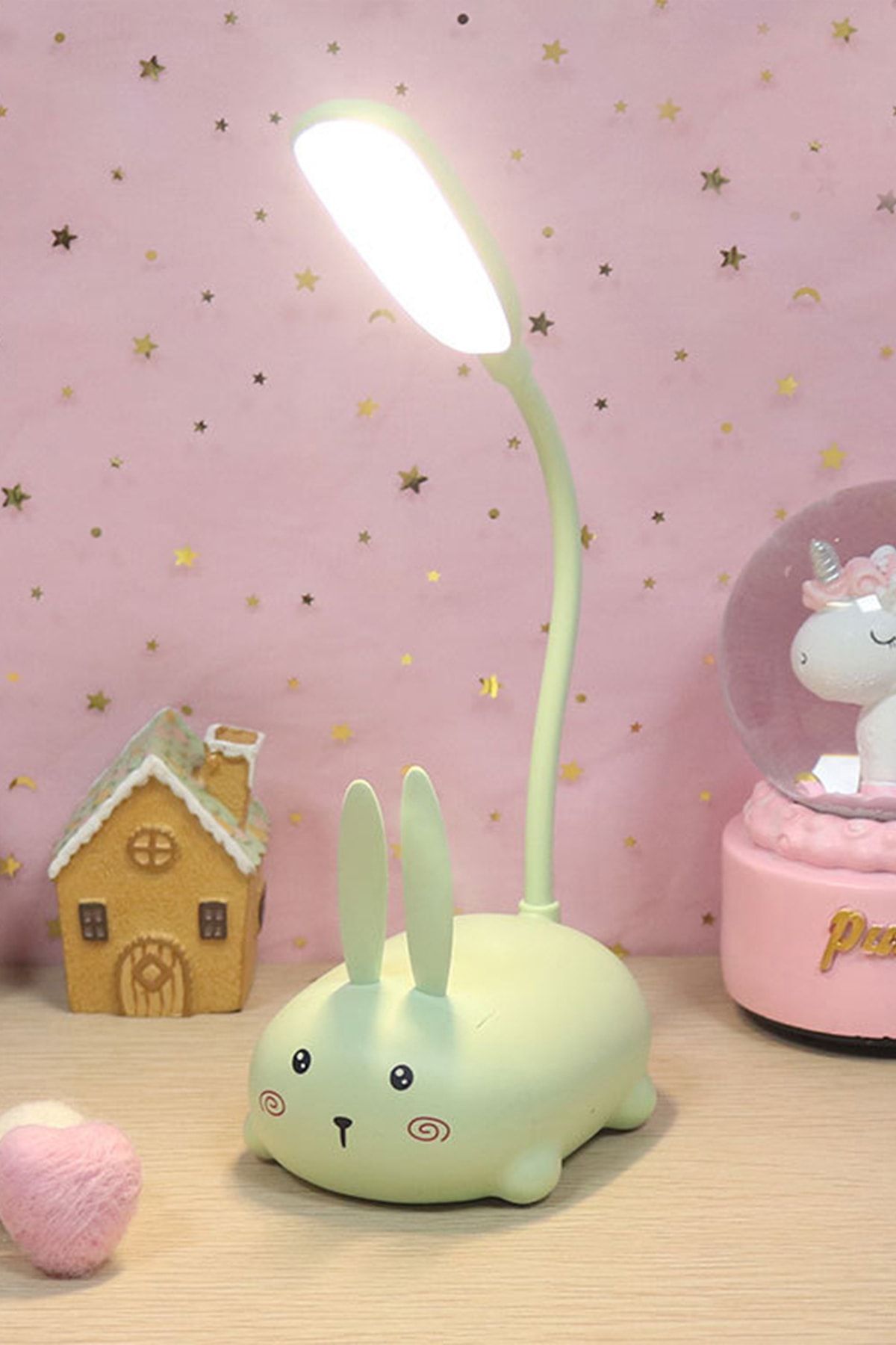 ORİJİNALDÜKKAN Sevimli Tavşan Şarjlı Gece Masa Lambası Led Işıklı Aydınlatma Hediyelik Çocuk Bebek Odası Yeşil