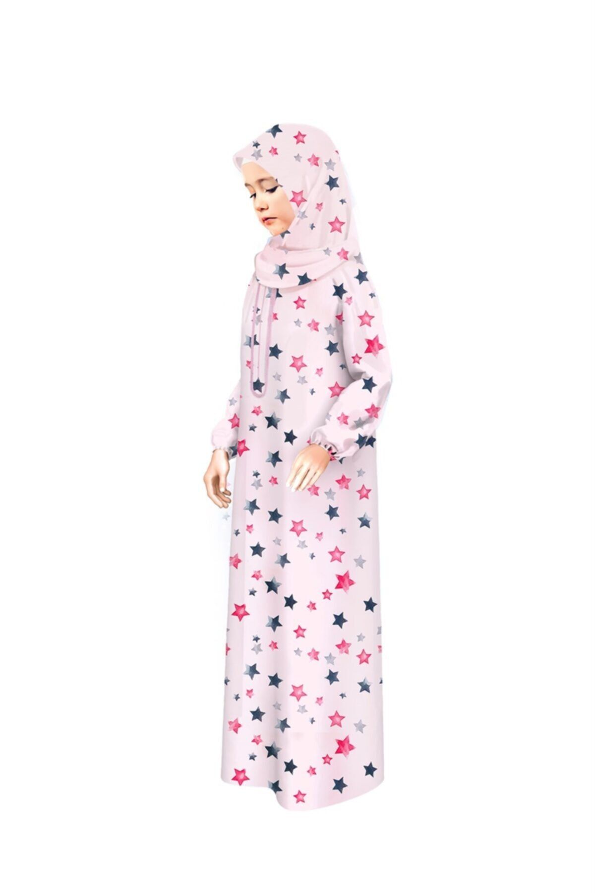 Liyavera Kız Çocuk Namaz Elbisesi Pembe Renkli Fermuarlı Yıldız Desenli 875