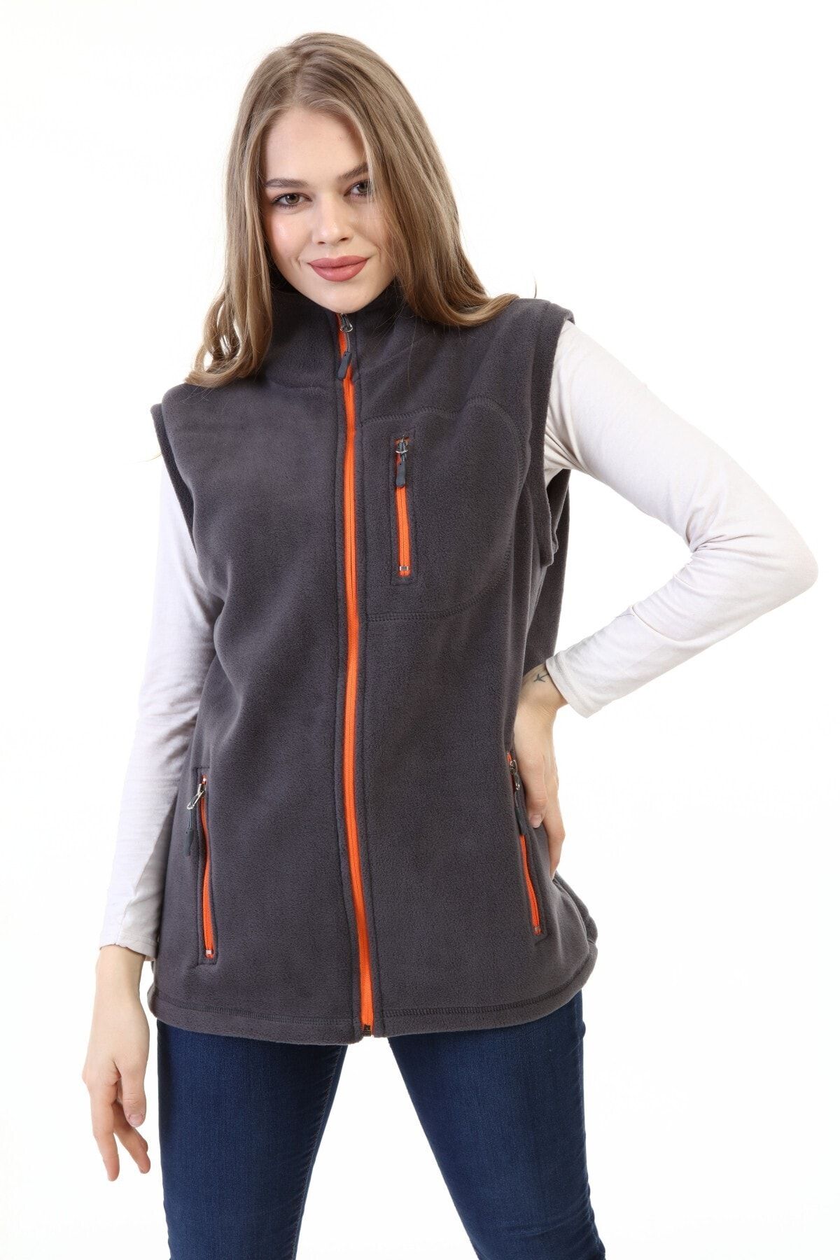 GENIUS Store Kadın Polar Yelek Tam Fermuarlı Outdoor Spor Yelek 3cepli