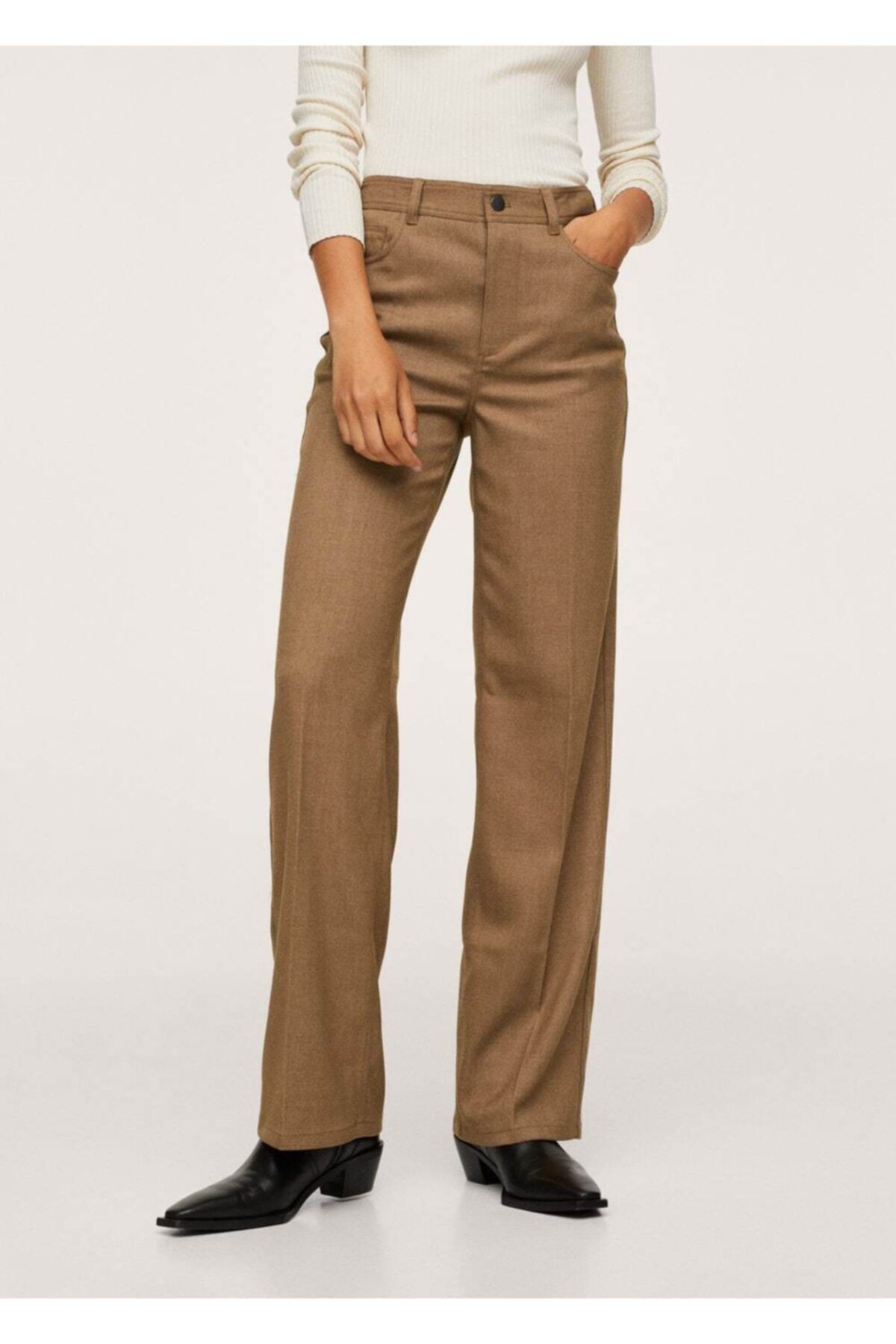 MANGO Kadın Orta Kahverengi Yüksek Bel Düz Kesim Pantolon